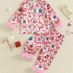 Girls Christmas Pajama Set with Bow and Santa Print